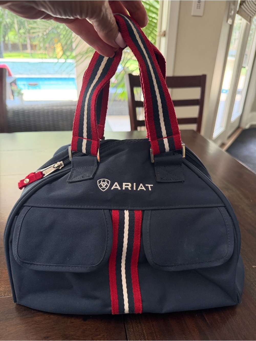 Prestigious Ariat  Navy Canvas Helmet Bag with Red and White Striped Accents
